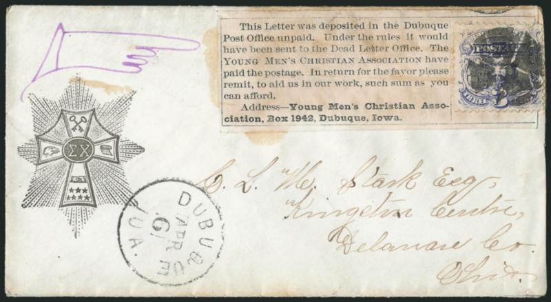 3c Ultramarine (114).> Tied by quartered cork on <Dubuque Iowa Young Mens Christian Association Good Samaritan label,> Dubuque Ioa. Apr. 6 circular datestamp on cover to Kingston Centre O., cover also with
<Sigma Chi fraternity symbol> at left a