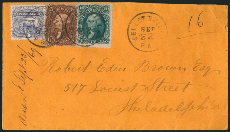 3c Ultramarine (114).> Bright color, used with <5c Brown, F Grill (96) and 10c Green, F Grill (96),> tied by two strikes of Sellersville Pa. Sep. 22 circular datestamp, third strike at right, all with inverted
day slug, on orange 1869 <registered>