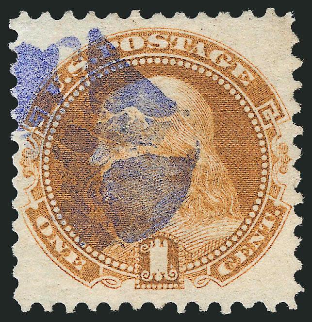 1c Buff (112).> Bright color beautifully complemented by <ultramarine> cork cancel, well-proportioned margins, reperfed at left (not mentioned on certificate), Very Fine and choice appearance, a beautiful stamp
which is rarely seen with such a distin