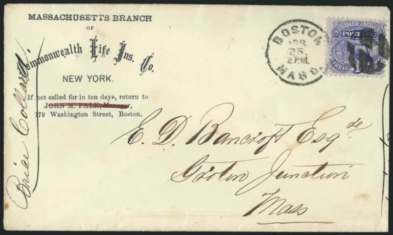 3c Ultramarine, Gray Paper (114 var).> Distinctive shade and impression on grayish paper, tied by segmented cork cancel and Boston Mass. Apr. 25 2 P.M. circular datestamp on life insurance comapny corner card
cover to Groton Junction Mass., slightl