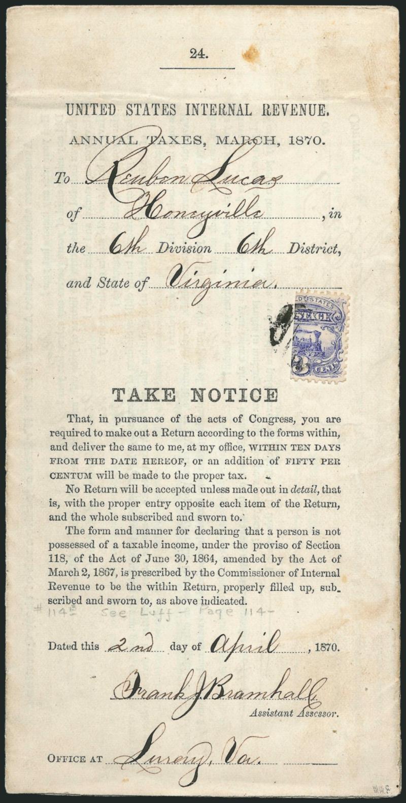 3c Ultramarine, Vertical Two-Thirds Used as 2c (114c).> Right two-thirds, tied across the cut by grid cancel on <complete U.S. Internal Revenue March 1870 tax notice> from Luray Va. to Honeyville Va. the tax
notice with some trivial wear, some splitt