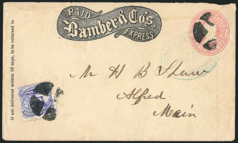 3c Ultramarine (114).> Tied by quartered cork cancel, second strike on 3c Pink entire (U58) with amber & Co.s Express> printed frank, conjunctive use with <Wells, Fargo & Co. San Francisco Apr. 13> blue oval
datestamp, addressed to H. B. Shaw in