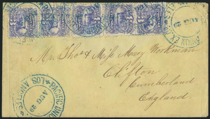 3c Ultramarine (114).> Two vertical pairs and single, bright color, tied by <blue Pacific Union Ex. Co., Los Angeles, Aug. 29 double-circle datestamp on light yellow cover <to Clifton, England,> light crease
affects stamps (not mentioned on accompa
