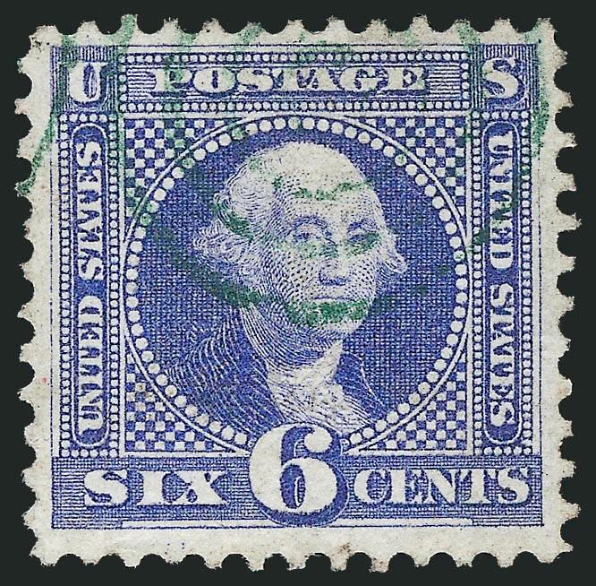 6c Ultramarine (115).> Radiant color nicely complemented by <bright green target> cancel, fresh and Very Fine, the 6c is very rare with a green colored cancel, with 1998 P.F. certificate