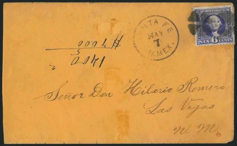 6c Ultramarine (115).> Tied by two strikes of small quartered cork cancels, <Santa Fe N. Mex. May 7> circular datestamp on orange cover to Las Vegas N.M., receiving backstamp, reduced at left, some wear, 6c
barely affected from placement near edge