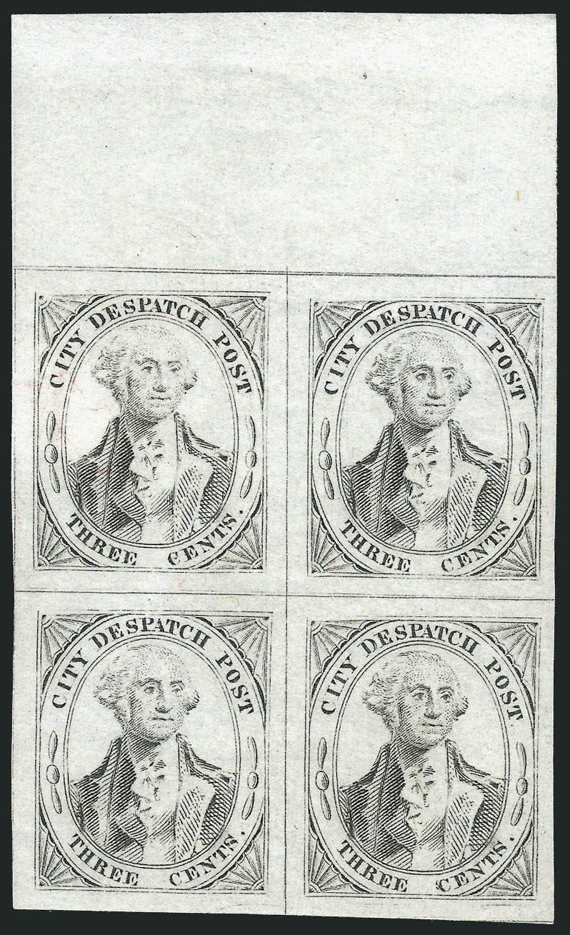 (Greigs) City Despatch Post, New York N.Y., 3c Black on Grayish (40L1).> Positions 4-510-11, top sheet margin block of four, original gum, large margins all around, fresh and Extremely Fine, ex Chapin, with
1956 P.F. certificate