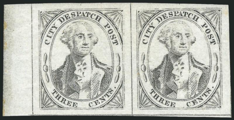 (Greigs) City Despatch Post, New York N.Y., 3c Black on Grayish (40L1).> Positions 19-20, horizontal pair with left sheet margin, original gum, large margins all around, Very Fine-Extremely Fine, with 1993 P.F.
certificate