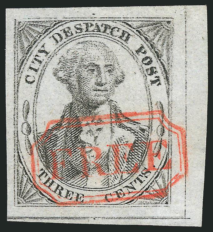 (Greigs) City Despatch Post, New York N.Y., 3c Black on Grayish (40L1).> Position 42 from the bottom right corner of the sheet, huge margins, clear strike of red Free in frame cancel, Extremely Fine, a superb
used example of this historic issue