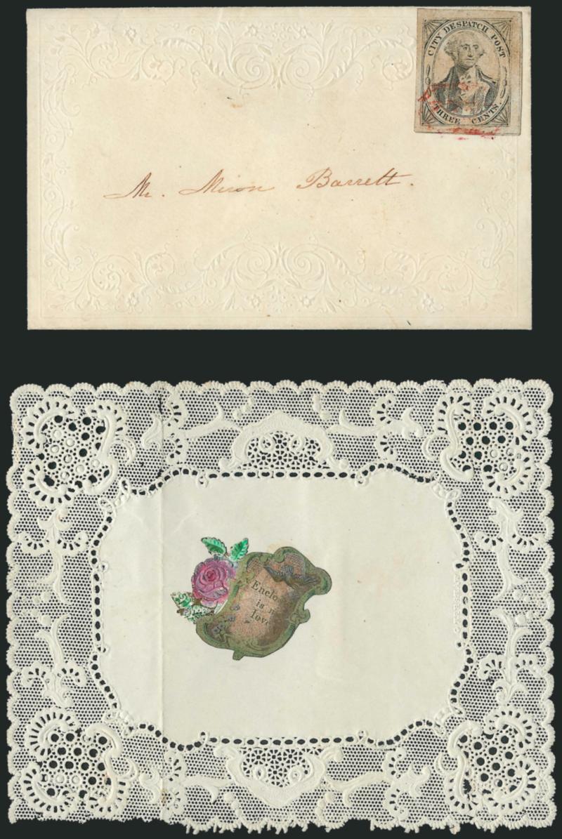 (Greigs) City Despatch Post, New York N.Y., 3c Black on Grayish (40L1).> Position 18, large margins, tied by red Free in frame on embossed <Valentine> cover to local addressee, with original enclosure, stamp
has faint gum toning<><>^VERY FINE. A