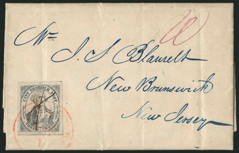 (Greigs) City Despatch Post, New York N.Y., 3c Black on Grayish (40L1).> Position 28, large margins, cancelled by manuscript X and <tied by red New-York Jun. 1 circular datestamp> on May 31, 1842 folded letter
addressed in blue to New Brunswick