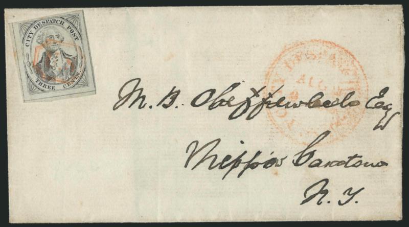 U.S. City Despatch Post, New York N.Y., 3c Black on Grayish (6LB1).> Position 17, three huge margins showing surrounding dividing lines, ample at top, cancelled by orange-red <U.S. in frame> cancel, matching
<U.S. City Despatch Post Aug. 20, 9 OC