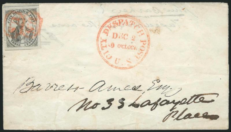 U.S. City Despatch Post, New York N.Y., 3c Black on Grayish (6LB1).> Position 6 from upper right corner of sheet, <tied> by two strikes of <orange-red U.S. in frame> cancel, matching <U.S. City Despatch Post
Dec. 2 9 OClock> Type I double-line c