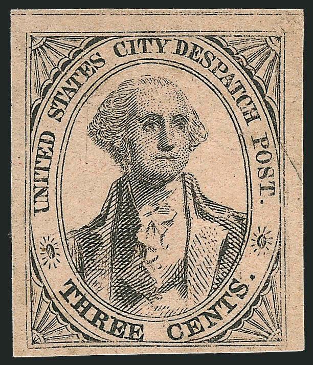 U.S. City Despatch Post, New York N.Y., 3c Black on Rosy Buff Unsurfaced (6LB2).> Position 19R, unused (no gum as always), large margins to clear, bright shade, small thin spots, Very Fine appearance,
approximately ten examples of the 3c on Rosy Buff