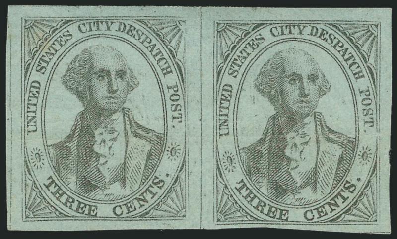U.S. City Despatch Post, New York N.Y., 3c Black on Light Blue Unsurfaced (6LB3).> Positions 13-14R, horizontal pair, unused (no gum), full to large margins, tiny scissors cut at top between stamps, faint
crease<><>^VERY FINE APPEARANCE. ONE OF TWO