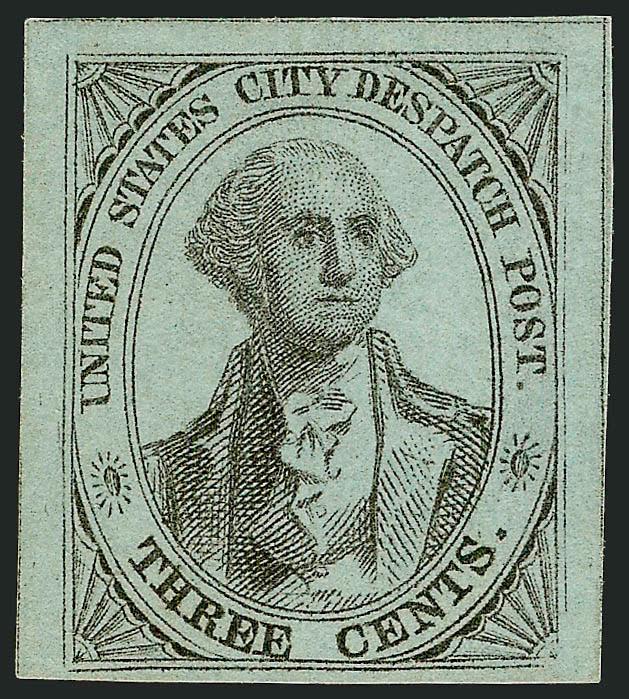 U.S. City Despatch Post, New York N.Y., 3c Black on Light Blue Unsurfaced (6LB3).> Unused (no gum), three large margins, ample at bottom, Very Fine, the first issue on unsurfaced Light Blue paper is rare in
unused condition, ex Golden, with 2000 P.F.
