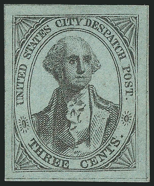 U.S. City Despatch Post, New York N.Y., 3c Black on Light Blue Unsurfaced (6LB3).> Unused (no gum), large margins all around, tiny pinhole at upper left is nearly invisible and not noted on accompanying
certificate, Extremely Fine appearance, the fir