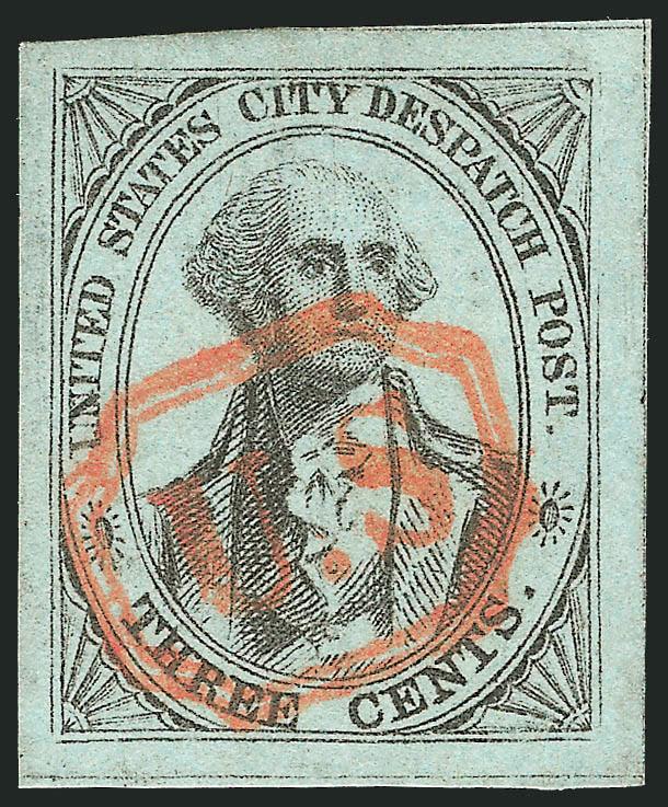 U.S. City Despatch Post, New York N.Y., 3c Black on Light Blue Unsurfaced (6LB3).> Large margins all around, intense impression on bright paper, perfect bold strike of vivid orange-red U.S. in frame cancel,
Extremely Fine Gem, a superb example of t
