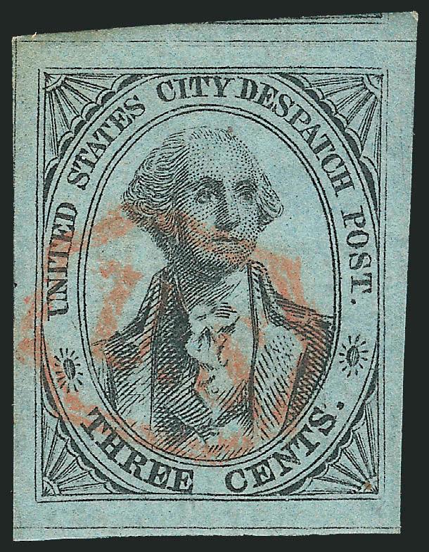U.S. City Despatch Post, New York N.Y., 3c Black on Light Blue Unsurfaced (6LB3).> Large margins all around, cancelled by clear strike of orange-red U.S. in frame, bright and fresh, Extremely Fine Gem, a
magnificent used example which still retains