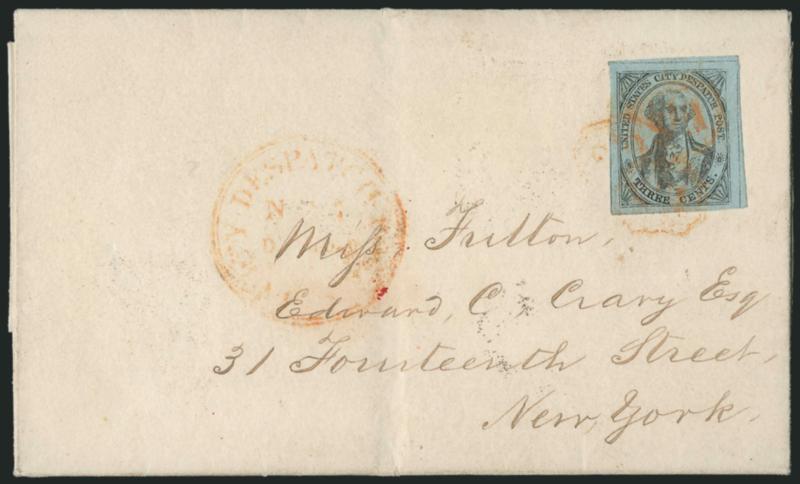 U.S. City Despatch Post, New York N.Y., 3c Black on Light Blue Unsurfaced (6LB3).> Large margins all around, tied by three strikes of orange-red U.S. in frame, matching U.S. City Despatch Post Nov. 5, 9 OClock
Type I double-line circular datesta