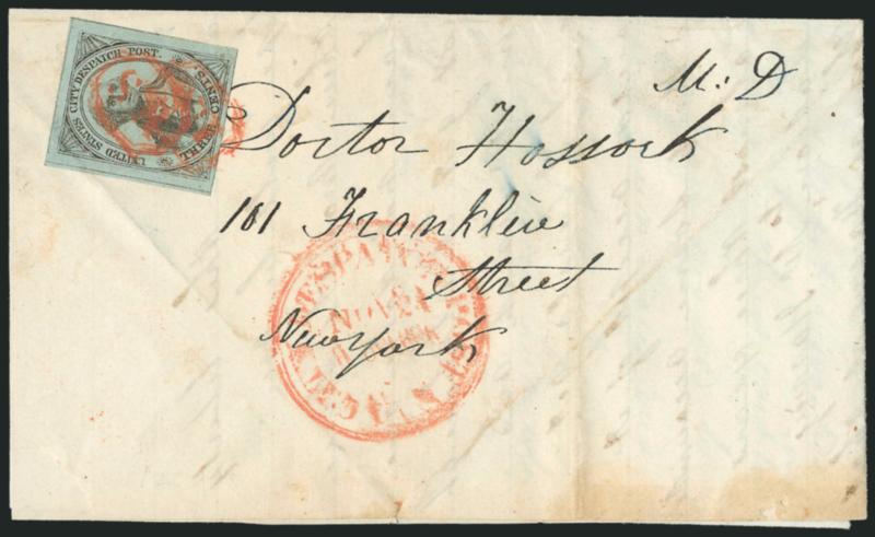 U.S. City Despatch Post, New York N.Y., 3c Black on Light Blue Unsurfaced (6LB3).> Large margins, tied by two strikes of red U.S. in frame, matching U.S. City Despatch Post Nov. 24, 9 OClock Type I double-line
circular datestamp on 1842 folded le