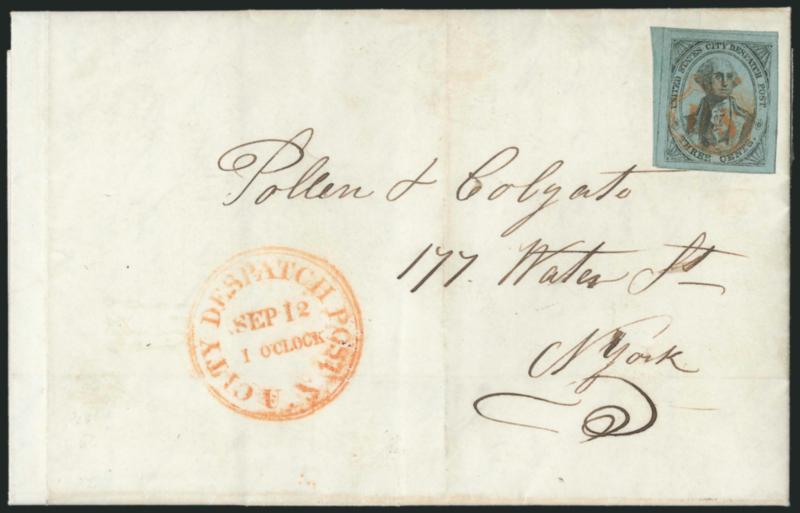 U.S. City Despatch Post, New York N.Y., 3c Black on Light Blue Unsurfaced (6LB3).> Position 6L, large even margins including part of left sheet margin, orange-red U.S. in frame cancel, matching U.S. City
Despatch Post Sep. 12, 1 OClock Type I do