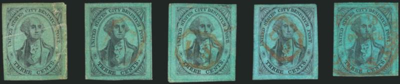 U.S. City Despatch Post, New York N.Y., 3c Black on Blue Green Glazed (6LB5, shades).> Five stamps representing a spectrum of 6LB5 shades on glazed paper including Moss Green (defective), Green, Blue Green and
Greenish Blue (these have minor faults),