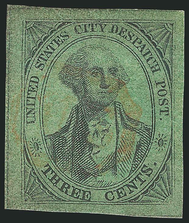 U.S. City Despatch Post, New York N.Y., 3c Black on Apple Green Glazed (6LB5d var).> Position 6L, distinctive Apple Green shade of paper, large margins, red U.S. in frame cancel, tiny pinhole in bottom
center<><>^EXTREMELY FINE APPEARANCE. AN