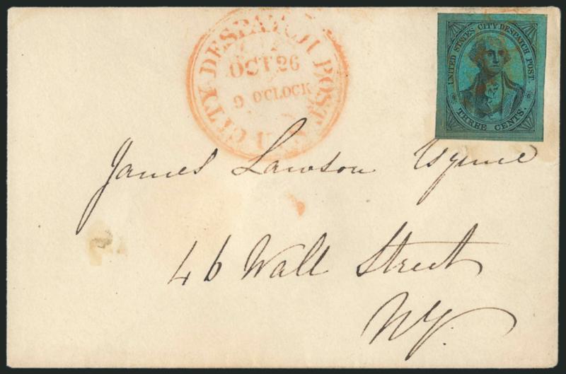 U.S. City Despatch Post, New York N.Y., 3c Black on Green Glazed (6LB5d).> Large margins, extraordinary intense green shade, tied by orange-red U.S. in frame cancel, matching U.S. City Despatch Post Oct. 26, 9
OClock Type I double-line circular