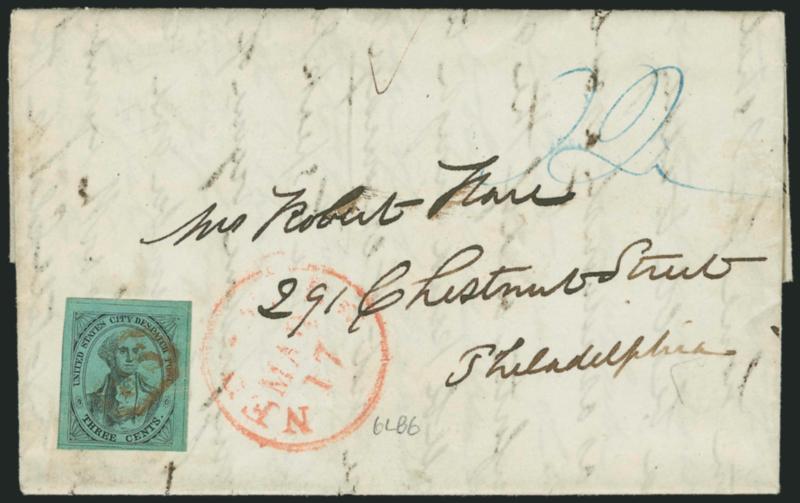 U.S. City Despatch Post, New York N.Y., 3c Black on Green Glazed (6LB5d).> Large to huge margins, distinctive Moss Green paper shade, cancelled by red U.S. in frame (impression ties thru paper), red New-York
Mar. 17 circular datestamp and blue ms