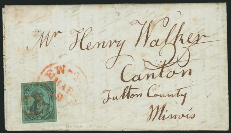 U.S. City Despatch Post, New York N.Y., 3c Black on Green Glazed (6LB5d).> Distinctive Moss Green shade, large margins, slight creasing and cracks in enamel, tied by red U.S. in frame cancel and New-York Mar.
19 circular datestamp on 1844 folded