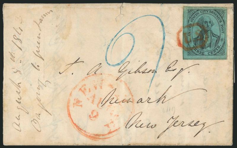 U.S. City Despatch Post, New York N.Y., 3c Black on Blue Green Glazed (6LB5).> Full to large margins, bright shade, tied by red U.S. in frame cancel, red New-York Aug. 9 circular datestamp on Aug. 8, 1843
folded letter to Newark N.J., blue ms. 6