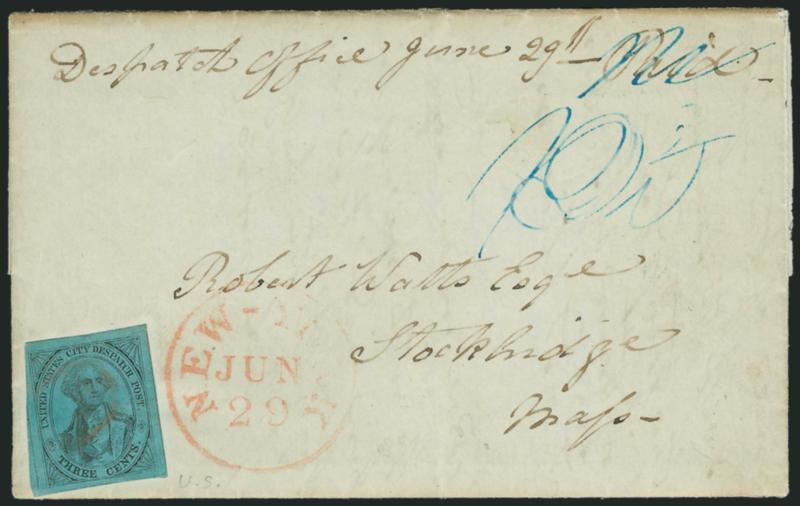U.S. City Despatch Post, New York N.Y., 3c Black on Blue Green Glazed (6LB5).> Ample to large margins, cancelled by red U.S. in frame (impression ties thru paper), red New-York Jun. 29 circular datestamp on
folded letter to Stockbridge Mass., sen