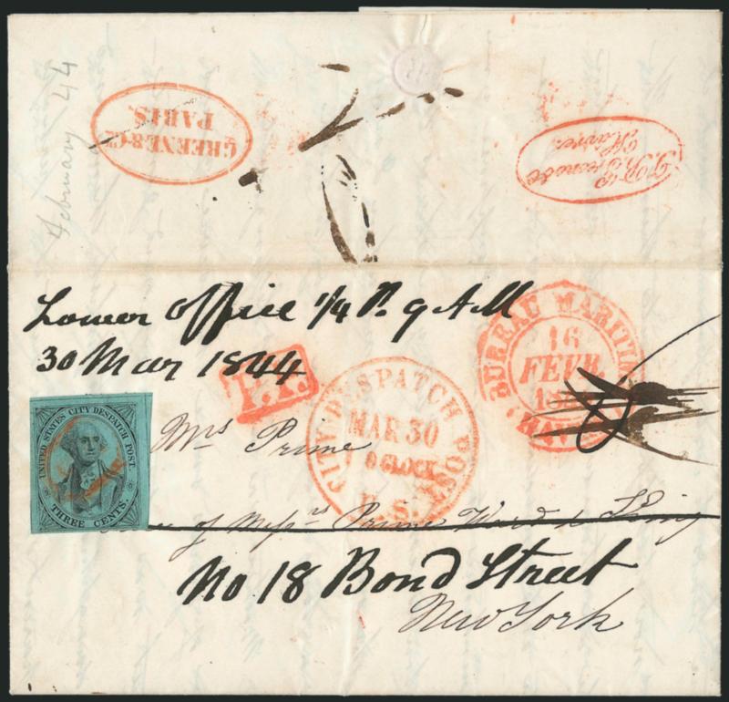 U.S. City Despatch Post, New York N.Y., 3c Black on Blue Green Glazed (6LB5).> Ample to large margins, bright and fresh, cancelled by red U.S. in frame (impression ties thru paper), clear strike of matching
U.S. City Despatch Post Mar. 30, 1 OClo