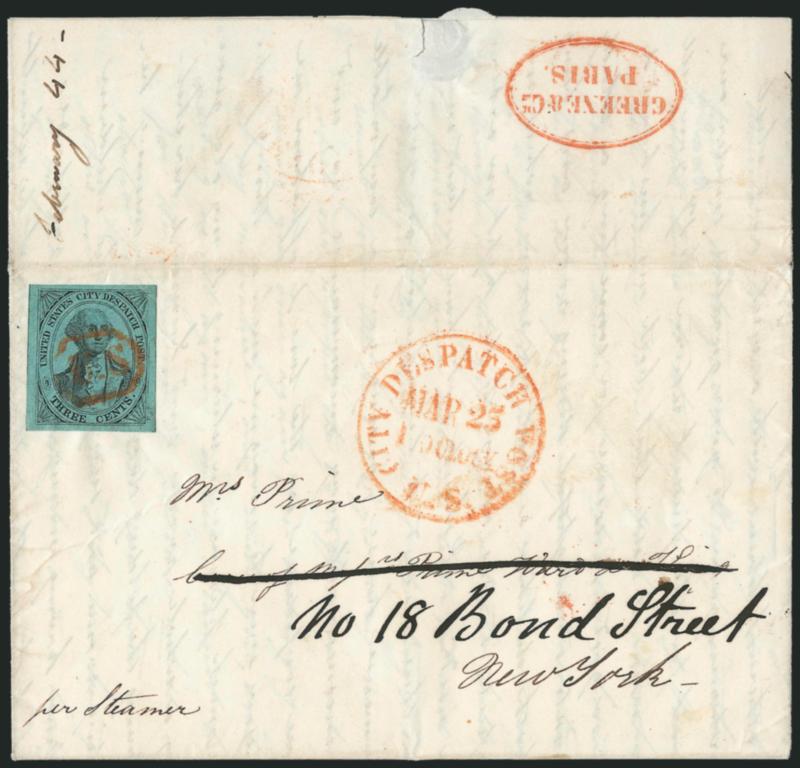 U.S. City Despatch Post, New York N.Y., 3c Black on Blue Green Glazed (6LB5).> Large even margins, bright and fresh, cancelled by red U.S. in frame (impression ties thru paper), clear strike of matching U.S.
City Despatch Post Mar. 25, 1 OClock