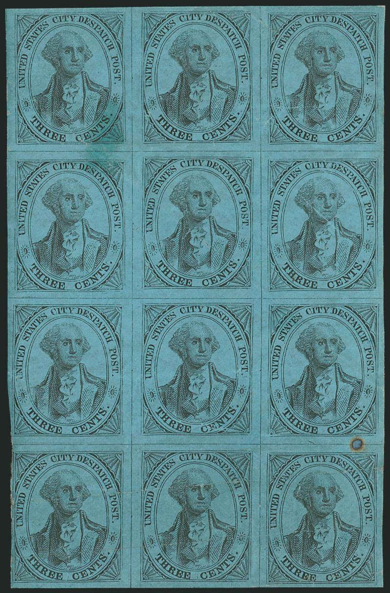 U.S. City Despatch Post, New York N.Y., 3c Black on Blue Glazed (6LB5b).> Positions 8-1013-1518-2023-25L, block of twelve from the lower right corner of the left pane, original gum, full even margins except
touched at lower left, beautiful impress
