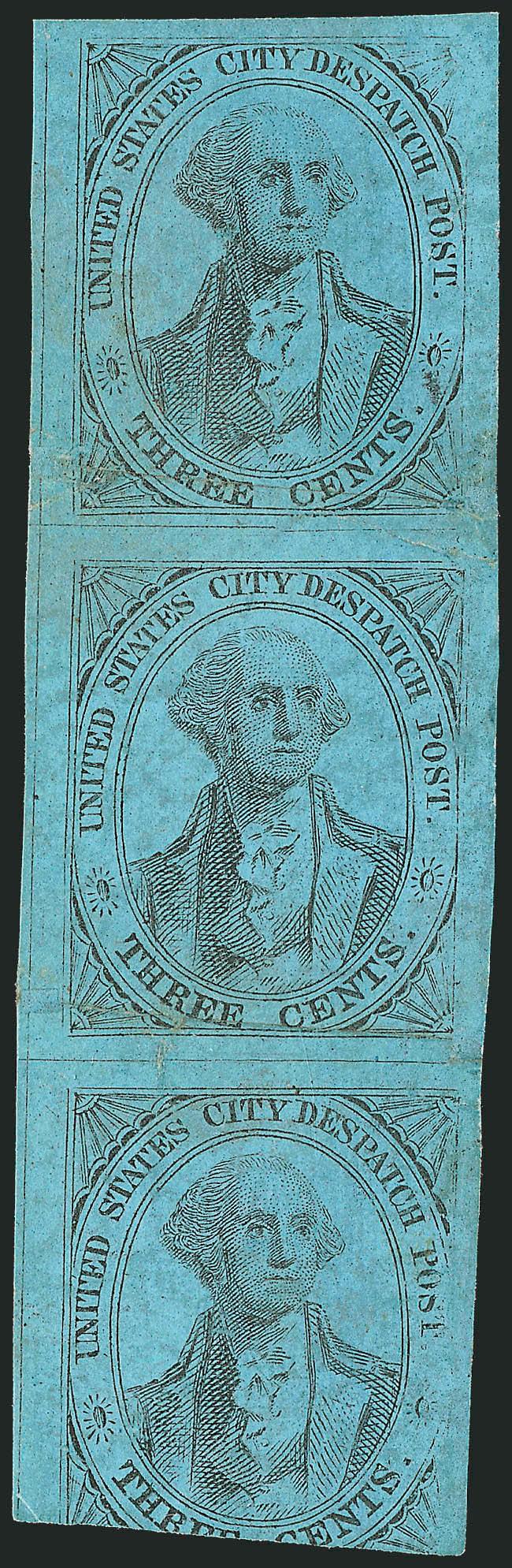 U.S. City Despatch Post, New York N.Y., 3c Black on Blue Glazed (6LB5b).> Positions 51015R, vertical strip of three from the upper right corner of right pane, original gum, large margins to cut in at bottom,
horizontal creases<><>^THE SECOND LARG