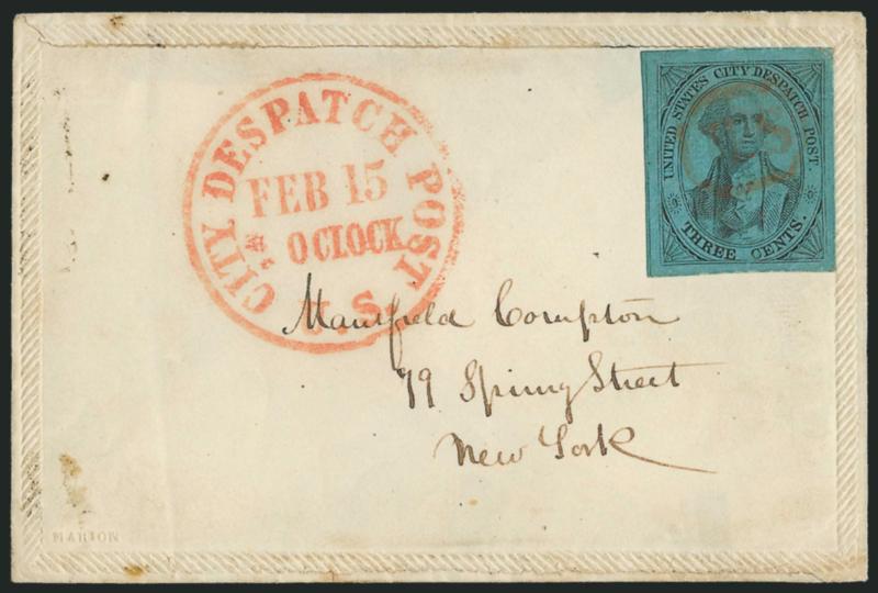 U.S. City Despatch Post, New York N.Y., 3c Black on Blue Glazed (6LB5b).> Large margins, cancelled by red U.S. in frame, matching U.S. City Despatch Post Feb. 15, -- OClock Type II circular datestamp on small
embossed Valentine cover to local st