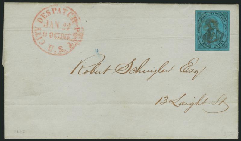 U.S. City Despatch Post, New York N.Y., 3c Black on Blue Glazed (6LB5b).> Large margins, cancelled by red U.S. in frame, matching U.S. City Despatch Post Jan. 22, 9 OClock Type II circular datestamp on 1845
folded letter to local street address,