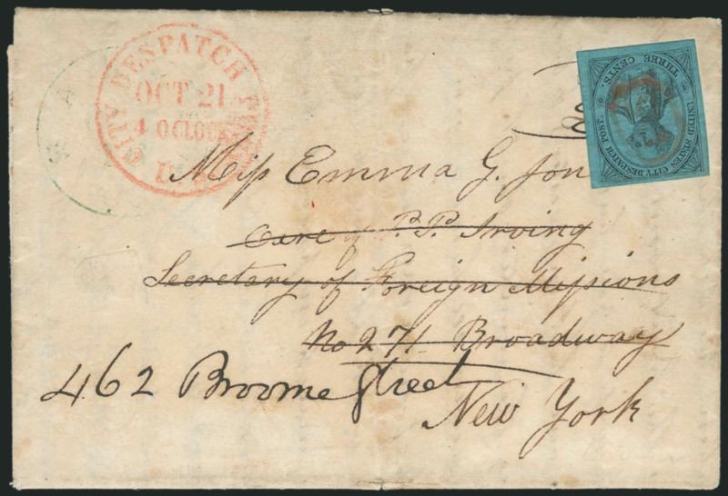 U.S. City Despatch Post, New York N.Y., 3c Black on Blue Glazed (6LB5b).> Cancelled by red U.S. in frame, matching U.S. City Despatch Post Oct. 21, 4 OClock Type II circular datestamp, used to forward inbound
letter from Ohio, faint blue town da