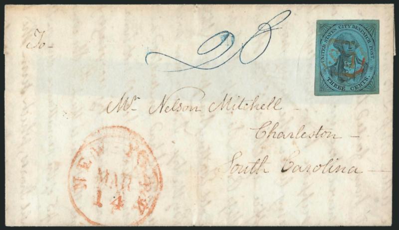 U.S. City Despatch Post, New York N.Y., 3c Black on Blue Glazed (6LB5).> Large margins, cancelled by U.S. in frame on folded cover to Charleston S.C., red New-York Feb. 17 (1845) circular datestamp, blue
manuscript 25 rate, part of back panels