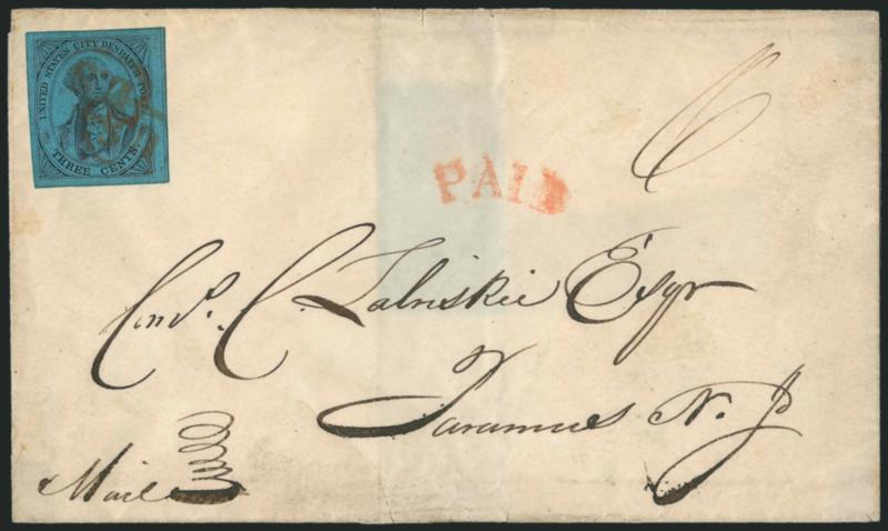 U.S. City Despatch Post, New York N.Y., 3c Black on Blue Glazed (6LB5b).> Large margins, deep shade, red U.S. in frame cancel struck twice, red Paid in arc and manuscript 6 rate on folded cover <to Paramus
N.J.,> endorsed <<Mail,>> no U.S. Ci