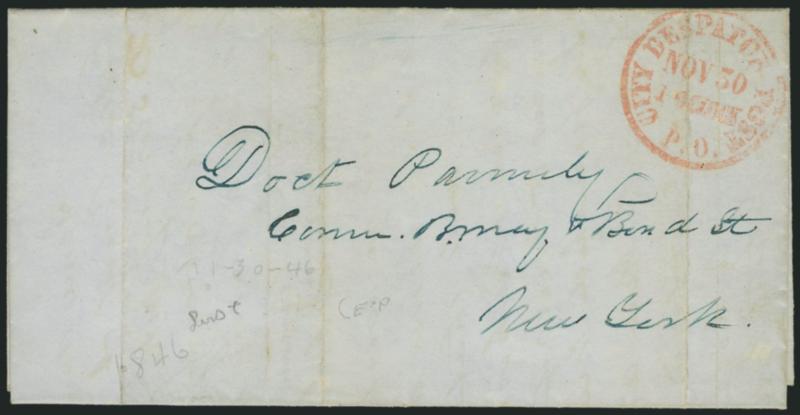 (Meads) Post Office City Despatch, New York N.Y. -- November 30, 1846, First Day of Operation.> Red P.O. City Despatch Post Nov. 30, 1 OClock circular datestamp on 1846 light blue folded letter to local street
address, Very Fine, <postmarked on t
