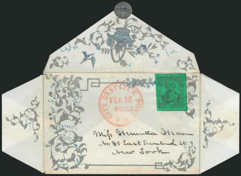 (Meads) Post Office City Despatch, New York N.Y., 2c Black on Green Glazed (40L2).> Position 8, full to large margins, couple tiny corner creases, red Free in frame cancel, impression ties thru paper, matching
P.O. City Despatch Post Feb. 15 -- O