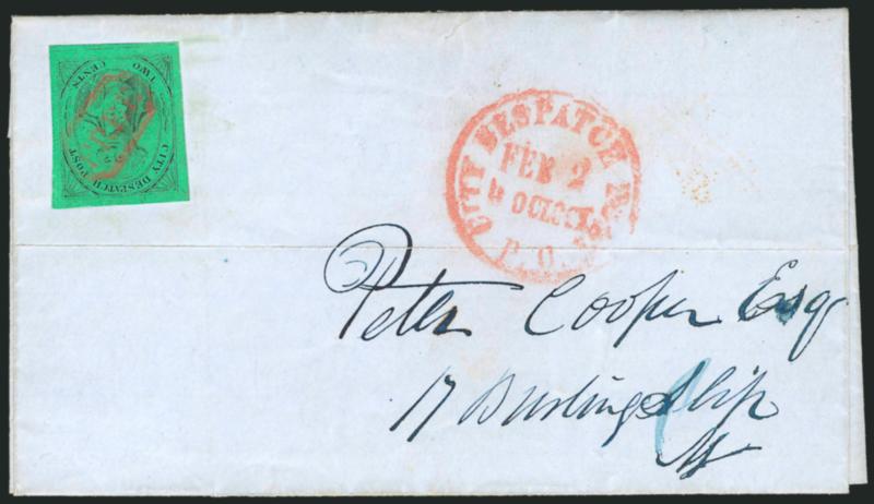 (Meads) Post Office City Despatch, New York N.Y., 2c Black on Green Glazed (40L2).> Position 28, huge margins all around, bright early shade and impression from reworked plate, red Free in frame cancel,
impression ties thru paper, matching P.O. C