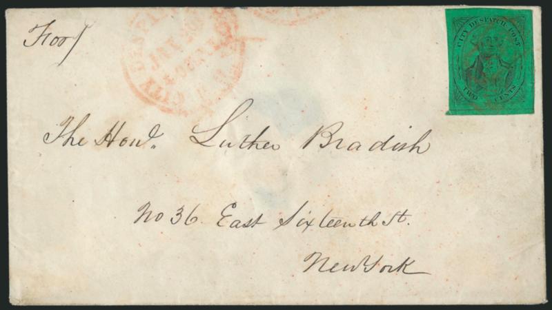 (Meads) Post Office City Despatch, New York N.Y., 2c Black on Green Glazed (40L2).> Position 22, large margins all around, brilliant color and early impression from reworked plate, cancelled by red Free in
frame (impression ties thru paper), match