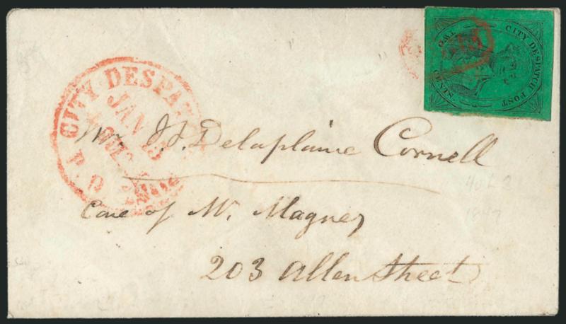(Meads) Post Office City Despatch, New York N.Y., 2c Black on Green Glazed (40L2).> Large margins to a bit irregular but clear at right, brilliant color and early impression from reworked plate, tied by red
Free in frame cancel, matching P.O. Cit