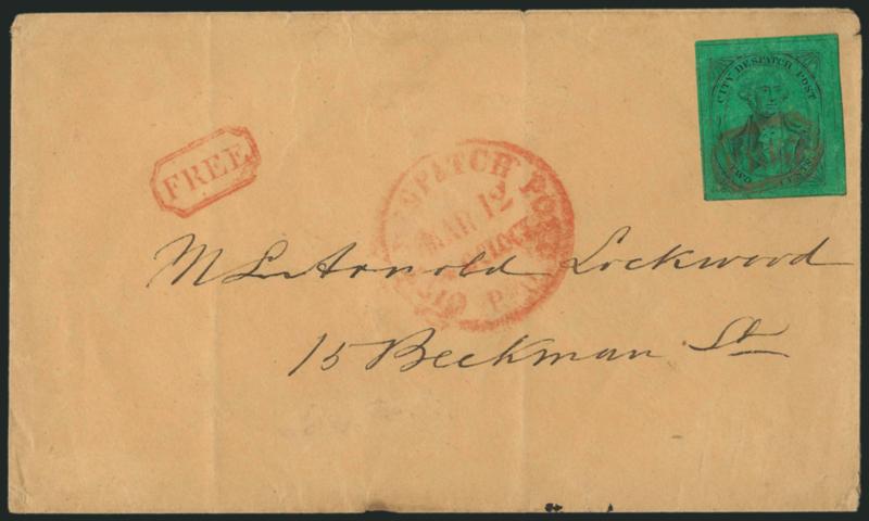 (Cummings and Wright) Post Office City Despatch, New York N.Y., 2c Black on Green Glazed (40L2).> Position 21, huge margins all around, brilliant color, cancelled by red Free in frame (impression ties thru
paper), second strike and matching P.O. C