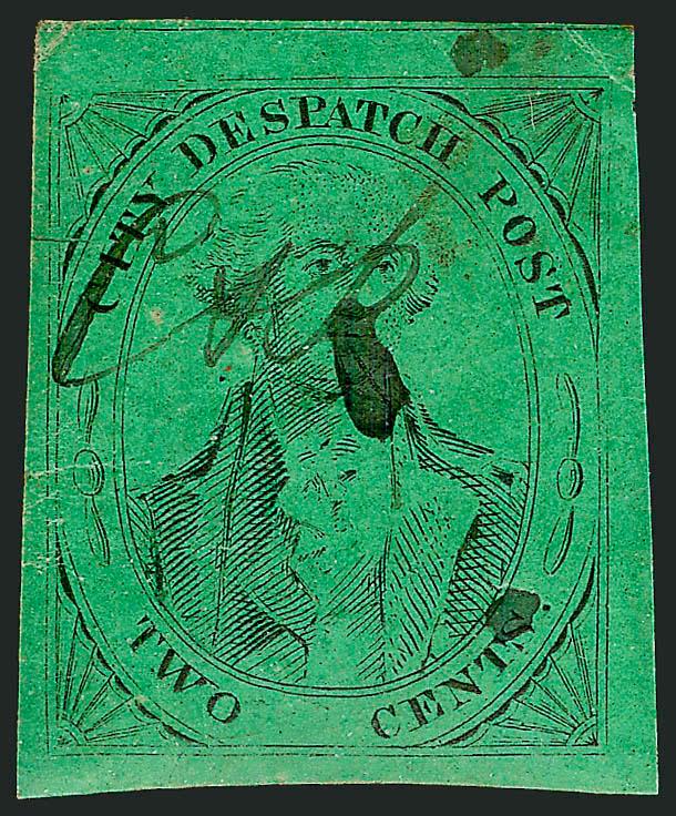 (Cummings and Wright) Post Office City Despatch, New York N.Y., 2c Black on Green Glazed (40L2).> Full to large margins, <manuscript C&P initials> similar to the C&W initials indicating ownership of the City
Despatch Post by Cummings and Wright a