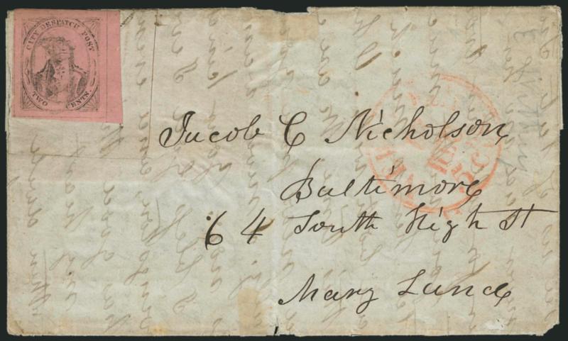 (Cummings and Wright) Post Office City Despatch, New York N.Y., 2c Black on Pink Glazed (40L3).> Position 36, phenomenally huge margins including right sheet margin, cancelled by light strike of black Free in
frame, used on undated folded cover (wi