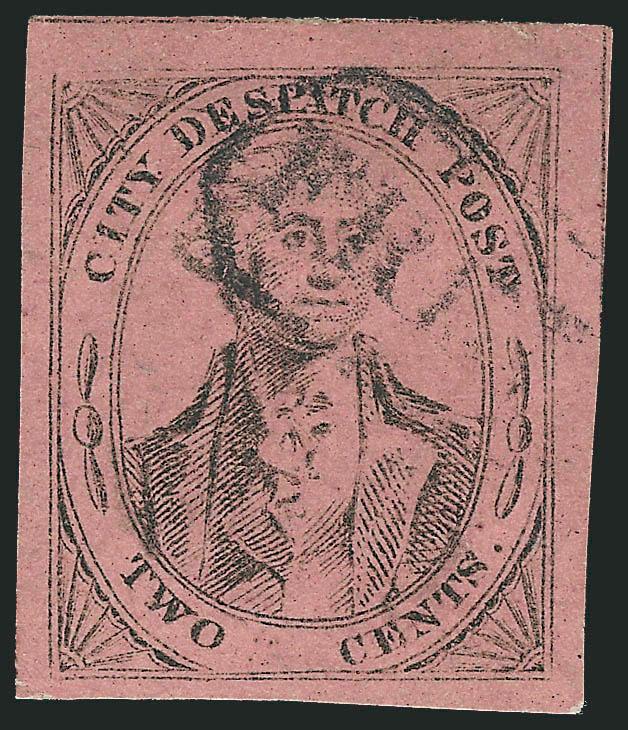 (Cummings and Wright) Post Office City Despatch, New York N.Y., 2c Black on Pink Glazed (40L3).> Large margins, lightly cancelled by black Free in frame, two minute pinholes and tiny thin speck, truly
negligible flaws considering the rarity of 40L3